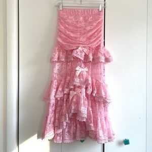 Sugar Thrillz NWOT True Love Nonsense Pink Lace Bow Ruffle Maxi Skirt Size XS